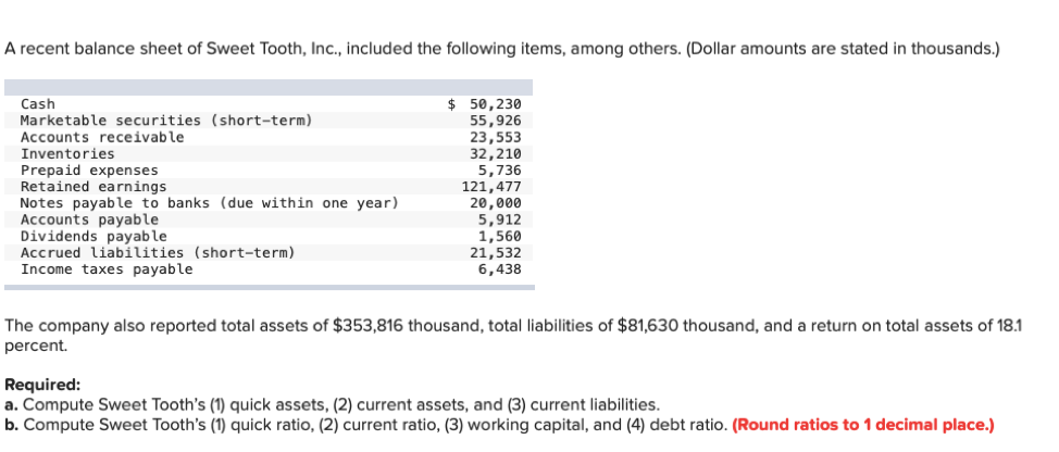 A recent balance sheet of Sweet Tooth, Ic., included the following items, among others. (Dollar amounts are stated in thousands.)
Cash
Marketable securities (short-term)
Accounts receivable
Inventories
Prepaid expenses
Retained earnings
Notes payable to banks (due within one year)
Accounts payable
Dividends payable
Accrued liabilities (short-term)
Income taxes payable
$ 50,230
55,926
23,553
32,210
5,736
121,477
20,000
5,912
1,560
21,532
6,438
The company also reported total assets of $353,816 thousand, total liabilities of $81,630 thousand, and a return on total assets of 18.1
percent.
Required:
a. Compute Sweet Tooth's (1) quick assets, (2) current assets, and (3) current liabilities.
b. Compute Sweet Tooth's (1) quick ratio, (2) current ratio, (3) working capital, and (4) debt ratio. (Round ratios to 1 decimal place.)
