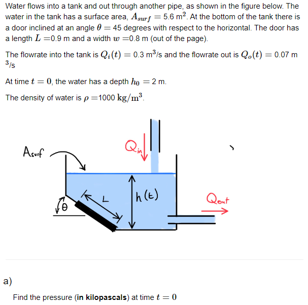 Water flows into a tank and out through another pipe, as shown in the figure below. The
water in the tank has a surface area, Asurf = 5.6 m². At the bottom of the tank there is
a door inclined at an angle = 45 degrees with respect to the horizontal. The door has
a length L = 0.9 m and a width w=0.8 m (out of the page).
The flowrate into the tank is Q₁ (t) = 0.3 m³/s and the flowrate out is Qo(t) = 0.07 m
3/5
At time t = 0, the water has a depth ho = 2 m.
The density of water is p = 1000 kg/m³.
Asurf
x
h(t)
a)
Find the pressure (in kilopascals) at time t = 0
Qout