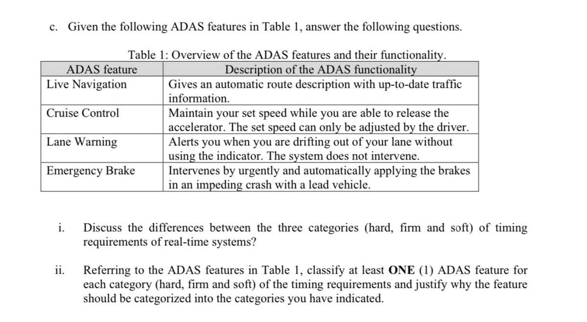 c. Given the following ADAS features in Table 1, answer the following questions.
Table 1: Overview of the ADAS features and their functionality.
Description of the ADAS functionality
ADAS feature
Live Navigation
Cruise Control
Lane Warning
Emergency Brake
i.
ii.
Gives an automatic route description with up-to-date traffic
information.
Maintain your set speed while you are able to release the
accelerator. The set speed can only be adjusted by the driver.
Alerts you when you are drifting out of your lane without
using the indicator. The system does not intervene.
Intervenes by urgently and automatically applying the brakes
in an impeding crash with a lead vehicle.
Discuss the differences between the three categories (hard, firm and soft) of timing
requirements of real-time systems?
Referring to the ADAS features in Table 1, classify at least ONE (1) ADAS feature for
each category (hard, firm and soft) of the timing requirements and justify why the feature
should be categorized into the categories you have indicated.