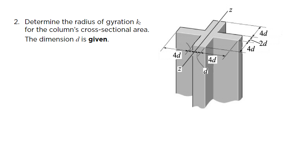 2. Determine the radius of gyration kz
for the column's cross-sectional area.
4d
The dimension d is given.
2d
4d
4d
4d
Z
