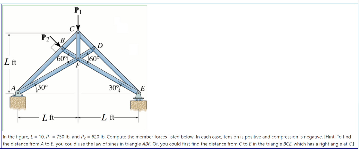 P1
B
D
L ft
60°
60
30°
30°
E
L ft-
-L ft-
In the figure, L = 10, P1 = 750 lb, and P2 = 620 Ib. Compute the member forces listed below. In each case, tension is positive and compression is negative. [Hint: To find
the distance from A to B, you could use the law of sines in triangle ABF. Or, you could first find the distance from C to B in the triangle BCE, which has a right angle at C.]
