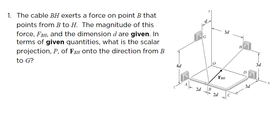 1. The cable BH exerts a force on point B that
points from B to H. The magnitude of this
force, FBH, and the dimension d are given. In
terms of given quantities, what is the scalar
projection, P, of FBH Onto the direction from B
3d
H
to G?
4d
3d
D.
FBH
3d
2d
2d
