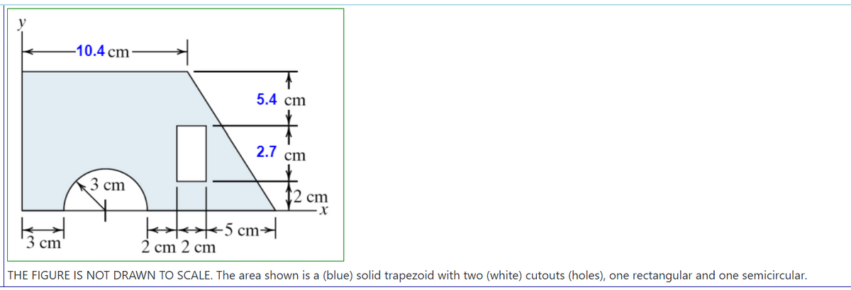 -10.4 cm
5.4 cm
2.7
cm
k3 cm
cm
-5 cm→
3 сm
2 cm 2 cm
THE FIGURE IS NOT DRAWN TO SCALE. The area shown is a (blue) solid trapezoid with two (white) cutouts (holes), one rectangular and one semicircular.
