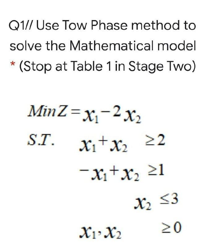 Q1// Use Tow Phase method to
solve the Mathematical model
* (Stop at Table 1 in Stage Two)
MinZ=x,-2 x2
S.T.
X;+x 22
-Xi+x, 21
X2
<3
X1• X2
20
