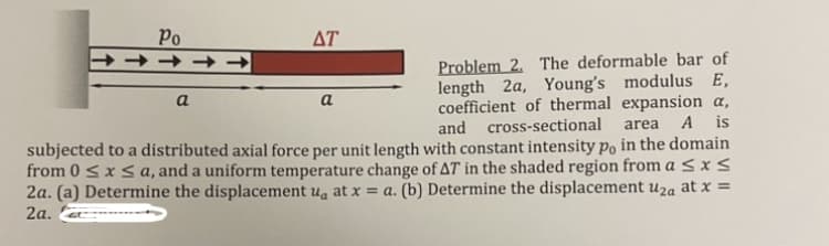 Po
ΔΤ'
Problem 2. The deformable bar of
length 2a, Young's modulus E,
coefficient of thermal expansion a,
and cross-sectional area A is
subjected to a distributed axial force per unit length with constant intensity po in the domain
from 0≤x≤ a, and a uniform temperature change of AT in the shaded region from a ≤ x ≤
2a. (a) Determine the displacement ua at x = a. (b) Determine the displacement uza at x =
2a.
a
a