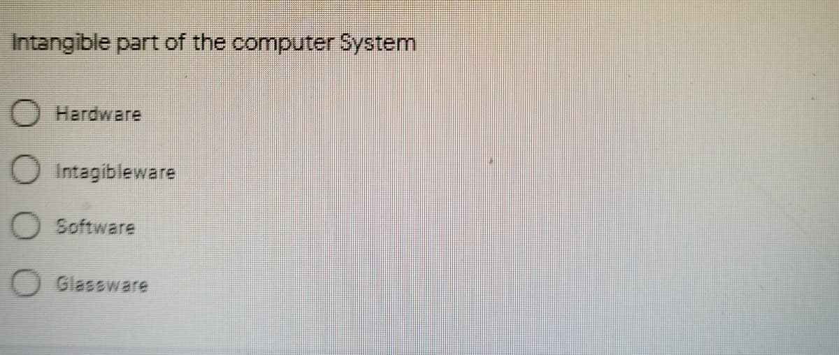 Intangible part of the computer System
Hardware
O Intagibleware
O Software
O Glassware
