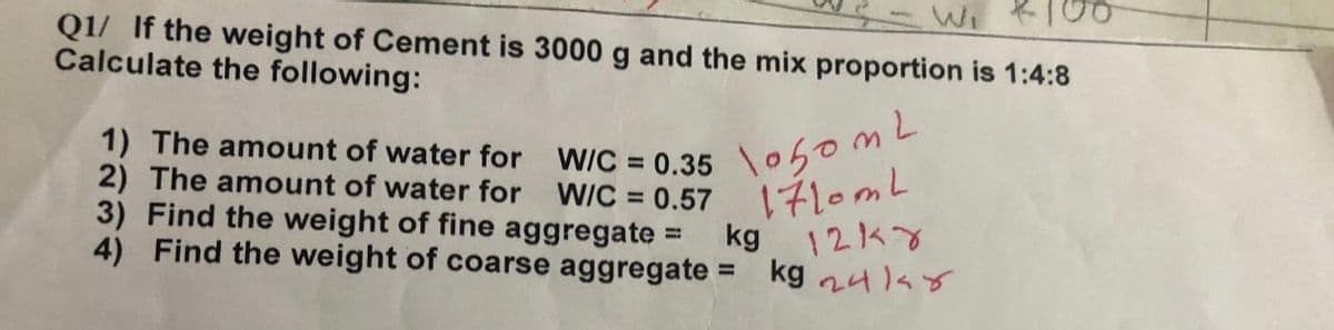 Wi 100
Q1/ If the weight of Cement is 3000 g and the mix proportion is 1:4:8
Calculate the following:
W/C=0.35 1050mL
W/C = 0.57
1710mL
1218
kg 24 148
1) The amount of water for
2) The amount of water for
3) Find the weight of fine aggregate =
4) Find the weight of coarse aggregate =
kg