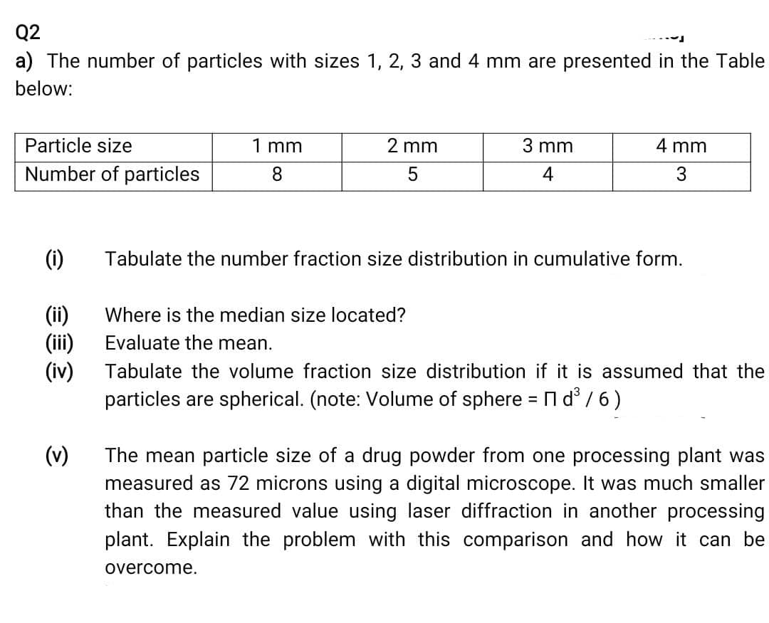 Q2
a) The number of particles with sizes 1, 2, 3 and 4 mm are presented in the Table
below:
Particle size
1 mm
2 mm
3 mm
4 mm
Number of particles
8
4
3
(1)
Tabulate the number fraction size distribution in cumulative form.
(ii)
(ii)
(iv)
particles are spherical. (note: Volume of sphere = n d / 6)
Where is the median size located?
Evaluate the mean.
Tabulate the volume fraction size distribution if it is assumed that the
(v)
The mean particle size of a drug powder from one processing plant was
measured as 72 microns using a digital microscope. It was much smaller
than the measured value using laser diffraction in another processing
plant. Explain the problem with this comparison and how it can be
overcome.
