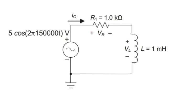 io
Rj = 1.0 kN
5 cos(2n150000t) V
+ VR
-
+
+
L = 1 mH
