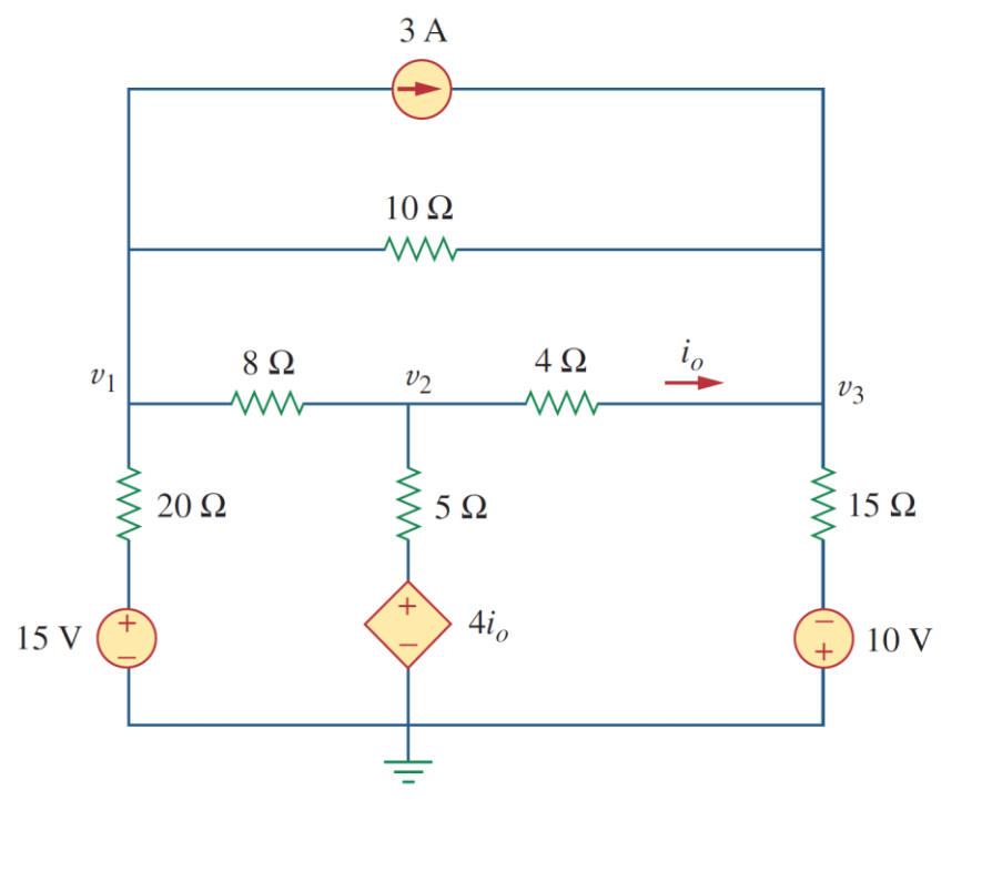 ЗА
10 Ω
4 2
io
8 Ω
V3
15 Ω
20 2
5Ω
4i0
10 V
15 V
+
+
