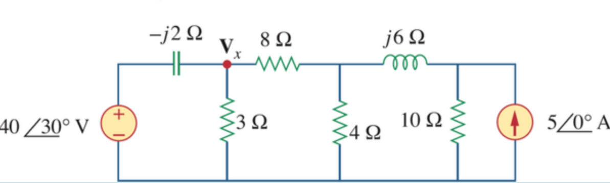 -j2 Q
8 Ω
j6 Ω
H
40 /30° V
3Ω
10 Ω
5/0° A.
