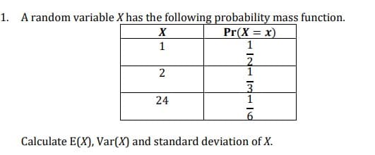 1. A random variable X has the following probability mass function.
Pr(X = x)
1
2.
1
24
1
Calculate E(X), Var(X) and standard deviation of X.
