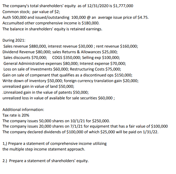 The company's total shareholders' equity as of 12/31/2020 is $1,777,000
Common stock; par value of $2;
Auth 500,000 and issued/outstanding 100,000 @ an average issue price of $4.75.
Accumulted other comprehensive income is $180,000.
The balance in shareholders' equity is retained earnings.
During 2021:
Sales revenue $880,000, interest revenue $30,000; rent revenue $160,000;
Dividend Revenue $80,000; sales Returns & Allowances $25,000;
Sales discounts $70,000; COGS $350,000; Selling exp $100,000;
General Administrative expenses $80,000; Interest expense $70,000;
Loss on sale of Investments $60,000; Restructuring Costs $75,000;
Gain on sale of compenant that qualifies as a discontinued ops $150,000;
Write down of inventory $50,000; foreign currency translation gain $20,000;
unrealized gain in value of land $50,000;
.Unrealized gain in the value of patents $50,000;
unrealized loss in value of available for sale securities $60,000;
Additional information:
Tax rate is 20%
The company issues 50,000 shares on 10/1/21 for $250,000.
The company issues 20,000 shares on 7/1/21 for equipment that has a fair value of $100,000
The company declared dividends of $100,000 of which $25,000 will be paid on 1/31/22.
1,) Prepare a statement of comprehensive income utilizing
the multiple step income statement approach.
2.) Prepare a statement of shareholders' equity.