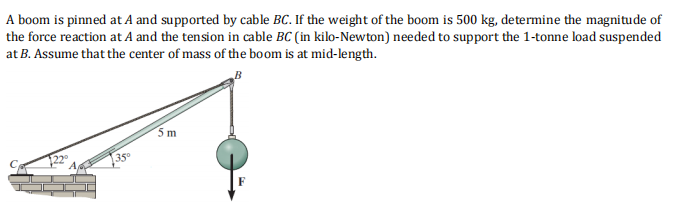 A boom is pinned at A and supported by cable BC. If the weight of the boom is 500 kg, determine the magnitude of
the force reaction at A and the tension in cable BC (in kilo-Newton) needed to support the 1-tonne load suspended
at B. Assume that the center of mass of the boom is at mid-length.
35⁰
5 m