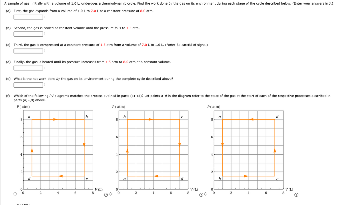 A sample of gas, initially with a volume of 1.0 L, undergoes a thermodynamic cycle. Find the work done by the gas on its environment during each stage of the cycle described below. (Enter your answers in J.)
(a) First, the gas expands from a volume of 1.0 L to 7.0L at a constant pressure of 8.0 atm.
(b) Second, the gas is cooled at constant volume until the pressure falls to 1.5 atm.
(c) Third, the gas is compressed at a constant pressure of 1.5 atm from a volume of 7.0 L to 1.0 L. (Note: Be careful of signs.)
(d) Finally, the gas is heated until its pressure increases from 1.5 atm to 8.0 atm at a constant volume.
(e) What is the net work done by the gas on its environment during the complete cycle described above?
(f) Which of the following PV diagrams matches the process outlined in parts (a)-(d)? Let points a-d in the diagram refer to the state of the gas at the start of each of the respective processes described in
parts (a)-(d) above.
P( atm)
P( atm)
P( atm)
a
b
a
d
8.
6
4
2
d
a
d
V (L)
8
V (L)
8.
V (L)
8
4
6
4
6.
2
4
Dotm
