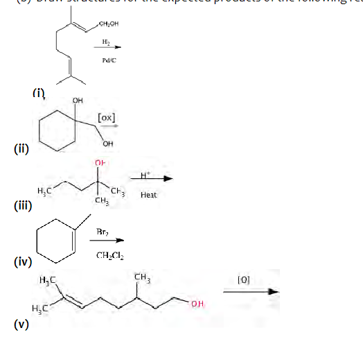 (ii)
(iii)
CH₂OH
Hy
Pd/C
(i)
OH
[ox]
OH
H,C
40
아
CH₂
CF3
Heat
Br₂
CH₂C12
(iv)
CH3
H₂C
(v)
H₂C
он
[0]