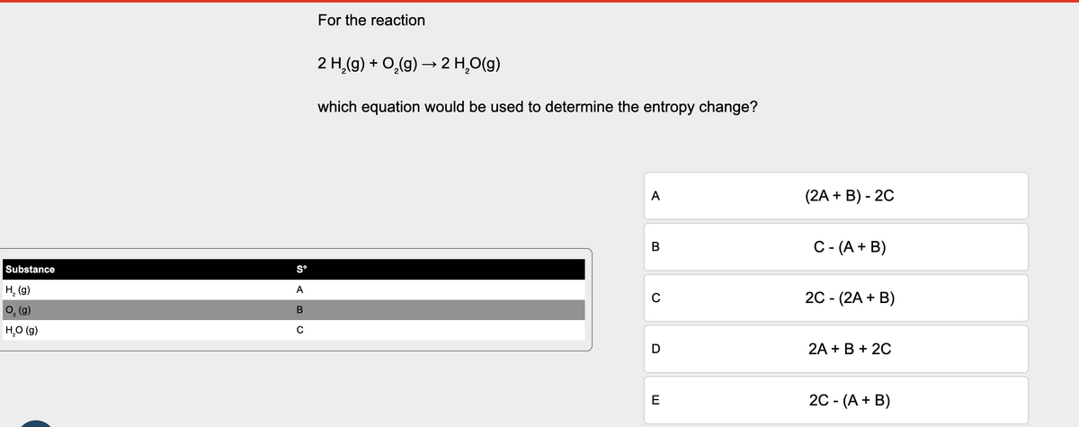 For the reaction
2 H2(g) + O2(g) → 2 H₂O(g)
which equation would be used to determine the entropy change?
A
(2A + B) - 2C
B
C- (A+B)
Substance
S°
H₂ (g)
A
O2 (g)
C
B
H₂O (g)
C
D
E
2C - (2A + B)
2A + B + 2C
2C-(A+B)