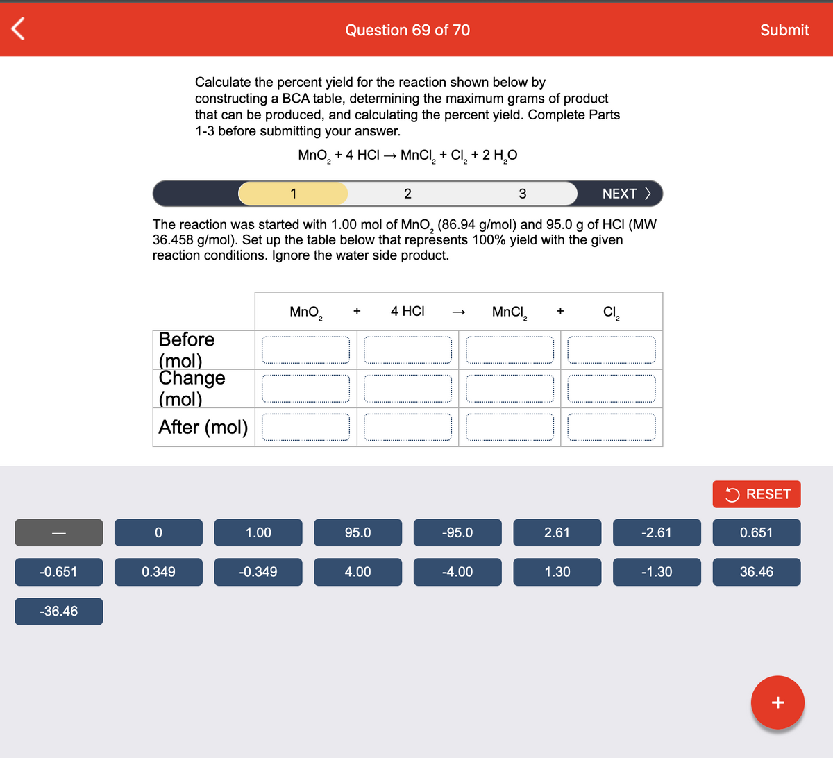 -0.651
-36.46
Before
(mol)
Change
(mol)
After (mol)
0
Calculate the percent yield for the reaction shown below by
constructing a BCA table, determining the maximum grams of product
that can be produced, and calculating the percent yield. Complete Parts
1-3 before submitting your answer.
0.349
3
NEXT >
The reaction was started with 1.00 mol of MnO₂ (86.94 g/mol) and 95.0 g of HCI (MW
36.458 g/mol). Set up the table below that represents 100% yield with the given
reaction conditions. Ignore the water side product.
1.00
Question 69 of 70
-0.349
MnO₂ + 4 HCI-
2
MnO₂
+
95.0
MnCl₂ + Cl₂ + 2 H₂O
2
4.00
2
4 HCI
-95.0
-4.00
MnCl₂
+
2.61
1.30
CI₂
-2.61
-1.30
Submit
RESET
0.651
36.46
+