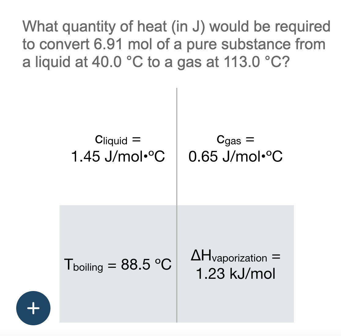 What quantity of heat (in J) would be required
to convert 6.91 mol of a pure substance from
a liquid at 40.0 °C to a gas at 113.0 °C?
+
Cliquid =
1.45 J/mol °C
Tboiling = 88.5 °C
Cgas =
0.65 J/mol•°C
AHvaporization =
1.23 kJ/mol