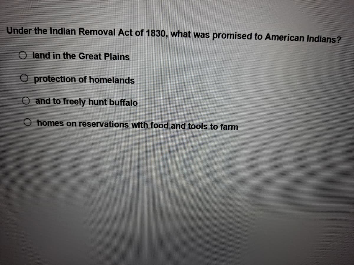 Under the Indian Removal Act of 1830, what was promised to American Indians?
O land in the Great Plains
O protection of homelands
O and to freely hunt buffalo
homes on reservations with food and tools to farm
