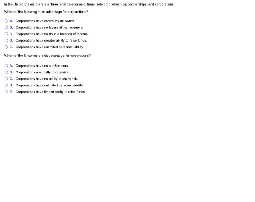 In the United States, there are three legal categories of firms: sole proprietorships, partnerships, and corporations.
Which of the following is an advantage for corporations?
O A. Corporations have control by an owner.
B. Corporations have no layers of management.
Oc. Corporations have no double taxation of income.
D. Corporations have greater ability to raise funds.
O E. Corporations have unlimited personal liability.
Which of the following is a disadvantage for corporations?
O A. Corporations have no stockholders.
B. Corporations are costly to organize.
c. Corporations have no ability to share risk.
D. Corporations have unlimited personal liability.
O E. Corporations have limited ability to raise funds.
O O O O
