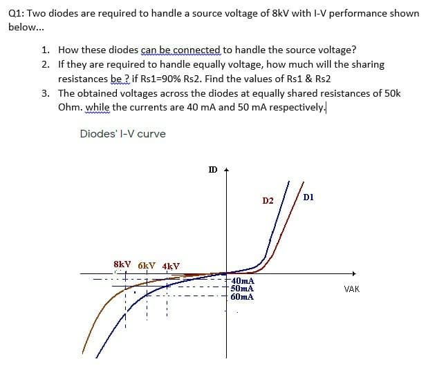 Q1: Two diodes are required to handle a source voltage of 8kV with I-V performance shown
below...
1. How these diodes can be connected to handle the source voltage?
2. If they are required to handle equally voltage, how much will the sharing
resistances be ? if Rs1=90% Rs2. Find the values of Rs1 & Rs2
3. The obtained voltages across the diodes at equally shared resistances of 50k
Ohm. while the currents are 40 mA and 50 mA respectively.
Diodes' I-V curve
ID
D1
D2
8kV 6kV 4kV
40mA
50mA
60mA
VAK
