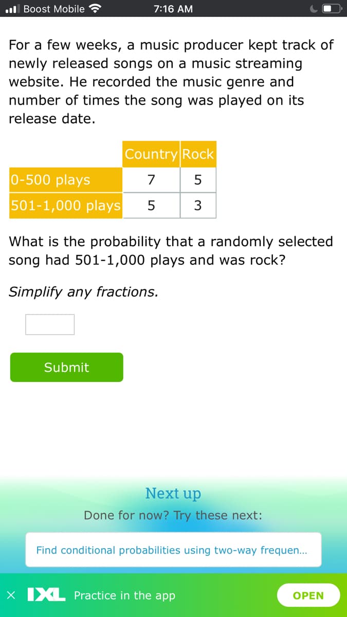 l Boost Mobile
7:16 AM
For a few weeks, a music producer kept track of
newly released songs on a music streaming
website. He recorded the music genre and
number of times the song was played on its
release date.
Country Rock
0-500 plays
7
501-1,000 plays
3
What is the probability that a randomly selected
song had 501-1,000 plays and was rock?
Simplify any fractions.
Submit
Next up
Done for now? Try these next:
Find conditional probabilities using two-way frequen...
x IXL Practice in the app
OPEN
