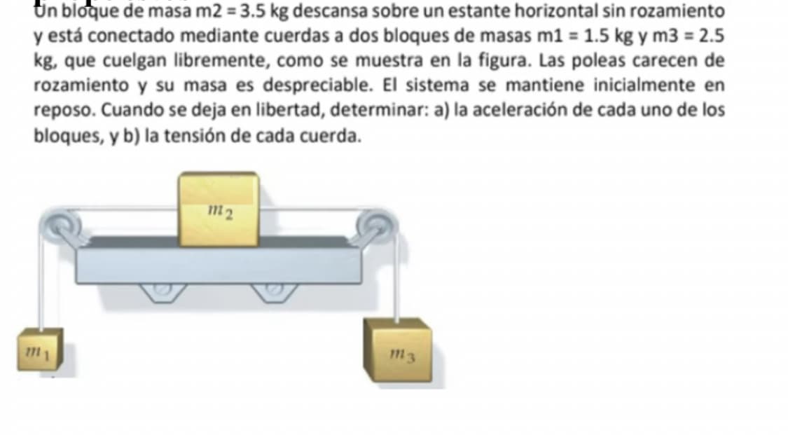 Un bloque de masa m2 = 3.5 kg descansa sobre un estante horizontal sin rozamiento
y está conectado mediante cuerdas a dos bloques de masas m1 = 1.5 kg y m3 = 2.5
kg, que cuelgan libremente, como se muestra en la figura. Las poleas carecen de
rozamiento y su masa es despreciable. El sistema se mantiene inicialmente en
reposo. Cuando se deja en libertad, determinar: a) la aceleración de cada uno de los
bloques, y b) la tensión de cada cuerda.
1711
1112
1113