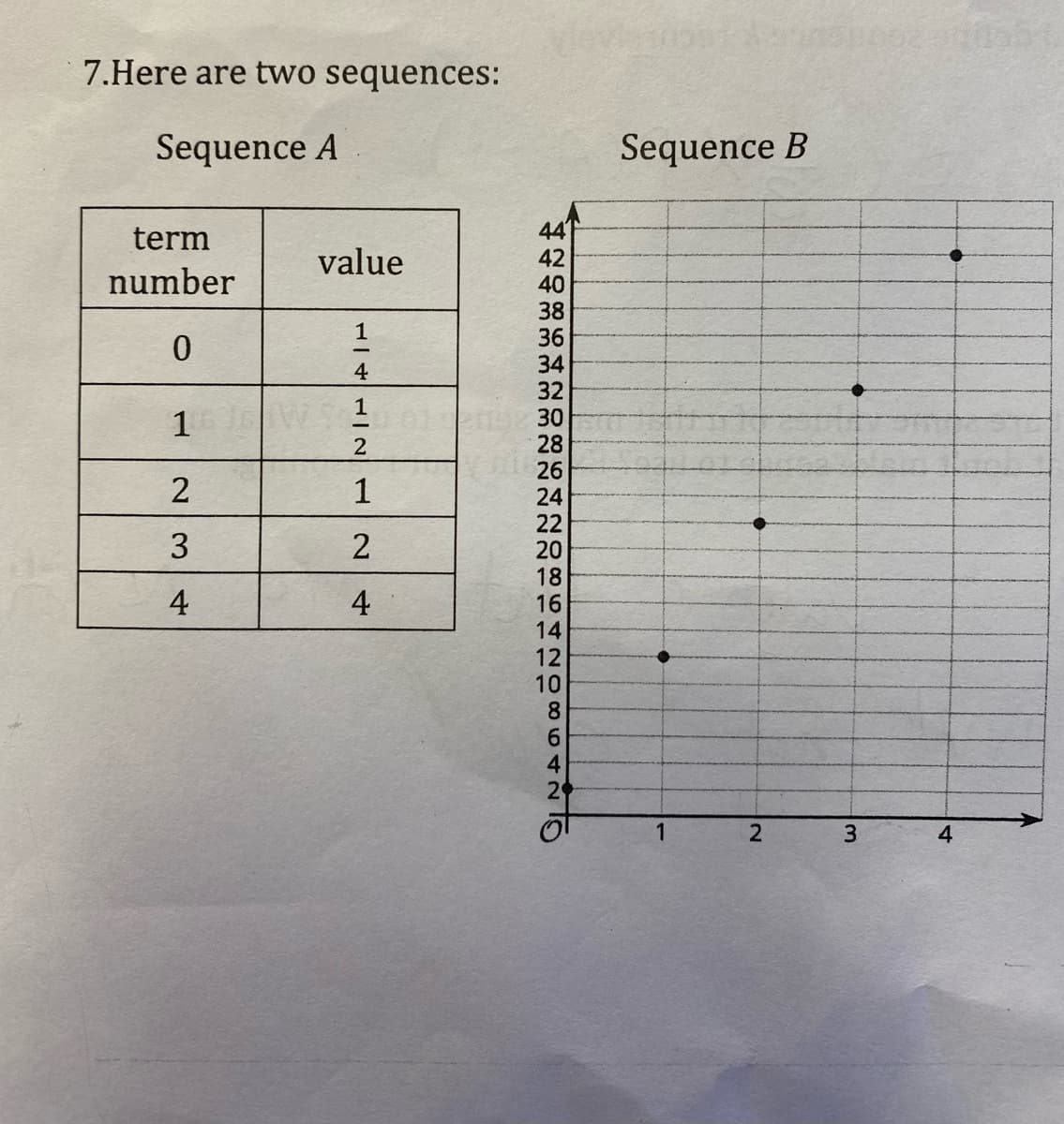 7.Here are two sequences:
Sequence A
Sequence B
44
42
40
term
value
number
38
36
34
32
30
28
26
24
1
4
1
2
2
1
22
20
18
16
14
12
10
8.
6.
4
20
3
4
4
1.
3.
4
ミー ー
