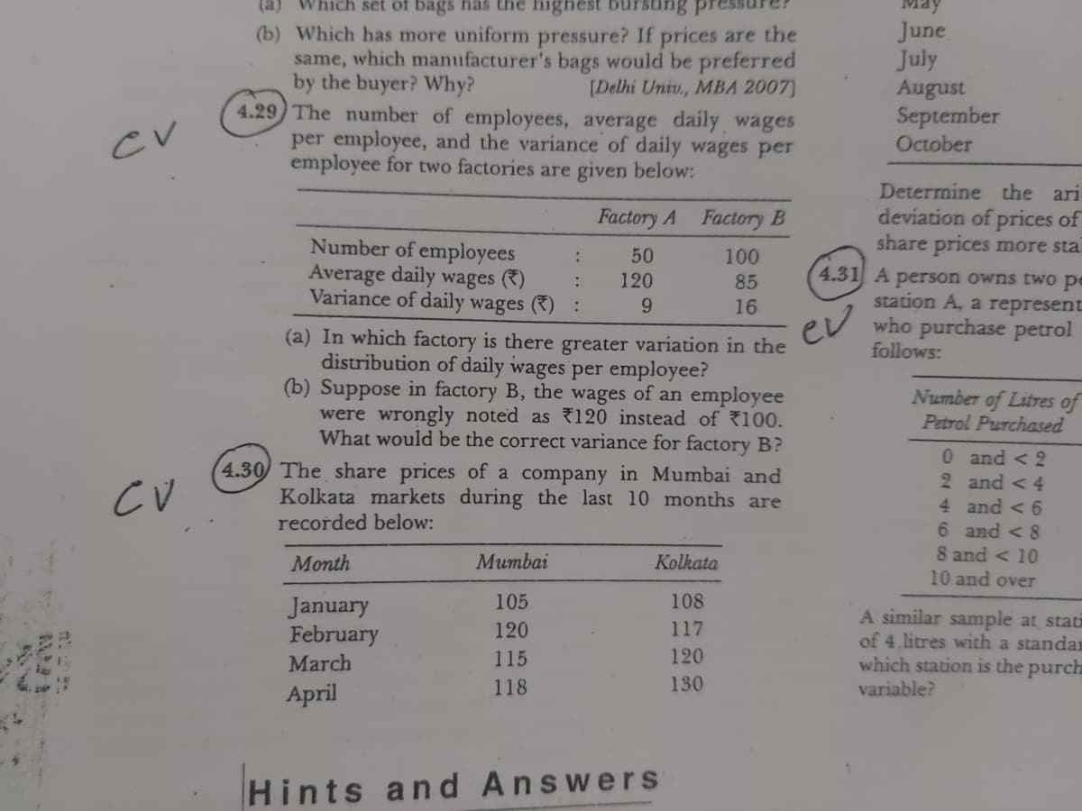 (a)
Which set of bags has the highest bursting presst
(b) Which has more uniform pressure? If prices are the
same, which manufacturer's bags would be preferred
by the buyer? Why?
4.29 The number of employees, average daily wages
per employee, and the variance of daily wages per
employee for two factories are given below:
June
July
August
September
October
[Delhi Univ, MBA 2007)
CV
Determine the ari
deviation of prices of
share prices more stal
Factory A Factory B
Number of employees
Average daily wages ()
Variance of daily wages ():
50
100
120
85
4.31 A person owns two pe
station A, a represent
who purchase petrol
follows:
16
ev
(a) In which factory is there greater variation in the
distribution of daily wages per employee?
(b) Suppose in factory B, the wages of an employee
were wrongly noted as 120 instead of 100.
What would be the correct variance for factory B?
Number of Litres of
Petrol Purchased
0 and < 2
2 and < 4
4 and < 6
6 and < 8
8 and < 10
10 and over
4.30 The share prices of a company in Mumbai and
CV
Kolkata markets during the last 10 months are
recorded below:
Month
Mumbai
Kolkata
105
108
January
February
A similar sample at stati
of 4 litres with a standam
which station is the purch
variable?
120
117
March
115
120
118
130
April
Hints and Answers
