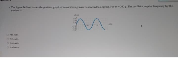 1. The figure bellow shows the position graph of an oscillating mass m attached to a spring. For m = 200 g. The oscillator angular frequency for this
motion is:
30
20-
LO
50
-LO-
20
30
O 765 radis
O775 radie
O 7 85 rad's
O 795 radis
