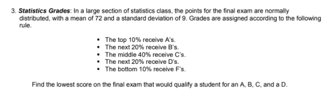 3. Statistics Grades: In a large section of statistics class, the points for the final exam are normally
distributed, with a mean of 72 and a standard deviation of 9. Grades are assigned according to the following
rule.
• The top 10% receive A's.
• The next 20% receive B's.
• The middle 40% receive C's.
• The next 20% receive D's.
• The bottom 10% receive F's.
Find the lowest score on the final exam that would qualify a student for an A, B, C, and a D.
