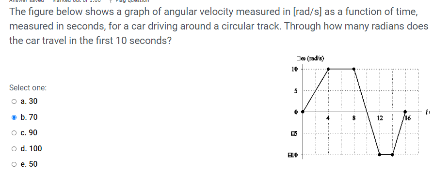 The figure below shows a graph of angular velocity measured in [rad/s] as a function of time,
measured in seconds, for a car driving around a circular track. Through how many radians does
the car travel in the first 10 seconds?
Do (rad/s)
10
Select one:
5
о а. 30
b. 70
12
16
с. 90
ES
o d. 100
A10
е. 50
