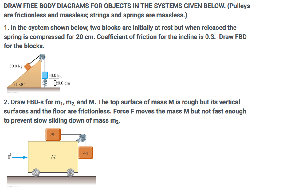 DRAW FREE BODY DIAGRAMS FOR OBJECTS IN THE SYSTEMS GIVEN BELOW. (Pulleys
are frictionless and massless; strings and springs are massless.)
1. In the system shown below, two blocks are initially at rest but when released the
spring is compressed for 20 cm. Coefficient of friction for the incline is 0.3. Draw FBD
for the blocks.
20.0 kg
30.0 kg
\40.0°
[20.0 cm
