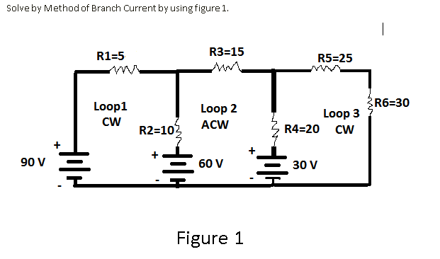 Solve by Method of Branch Current by using figure 1.
|
R3=15
R1=5
R5=25
R6=30
Loop1
Loop 2
Loop 3
R4=20 CW
Cw
ACW
R2=103
90 V
60 V
30 V
Figure 1
