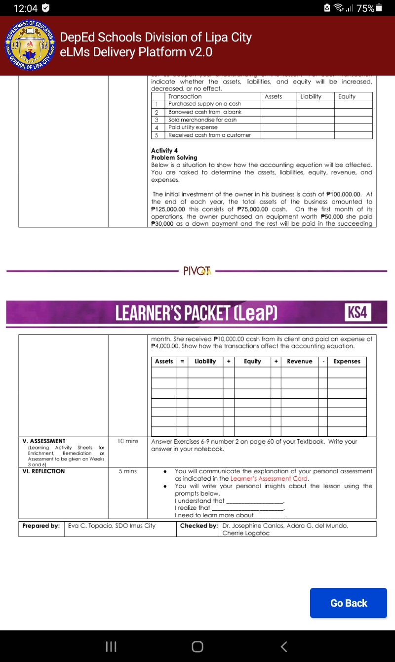 DEPARTMENT OF EOUCATION
DIVISION OF LIPA
A 75%i
12:04
EDUCATION
OF
DepEd Schools Division of Lipa City
| City
DEPARTMENT
19
68
*DIVISION
ELMS Delivery Platform v2.0
*LIPA CITY
indicate whether the assets, liabilities, and equity will be increased,
decreased, or no effect.
Transaction
|1 Purchased supply on a cash
Assets
Liability
Equity
Borrowed cash from a bank
3
Paid utility expense
5
Sold merchandise for cash
4
Received cash from a customer
Activity 4
Problem Solving
Below is a situation to show how the accounting equation will be affected.
You are tasked to determine the assets, liabilities, equity, revenue, and
expenses.
The initial investment of the owner in his business is cash of P100,000.00. At
the end of each year, the total assets of the business amounted to
P125,000.00 this consists of P75,000.00 cash. On the first month of its
operations, the owner purchased an equipment worth P50,000 she paid
P30,000 as a down payment and the rest will be paid in the succeeding
PIVOT
LEARNER'S PACKET (LeaP)
KS4
month. She received P10,000.00 cash from its client and paid an expense of
P4,000.00. Show how the transactions affect the accounting equation.
Assets =
Liability + Equity
Expenses
Revenue
V. ASSESSMENT
(Learning Activity Sheets
Enrichment, Remediation
Assessment to be given on Weeks
3 and 6)
VI. REFLECTION
10 mins
Answer Exercises 6-9 number 2 on page 60 of your Textbook. Write your
answer in your notebook.
for
or
You will communicate the explanation of your personal assessment
as indicated in the Learner's Assessment Card.
You will write your personal insights about the lesson using the
prompts below.
I understand that
I realize that
I need to learn more about
5 mins
Checked by: Dr. Josephine Canlas, Adara G. del Mundo,
Cherrie Logatoc
Prepared by: Eva C. Topacio, SDO Imus City
Go Back
