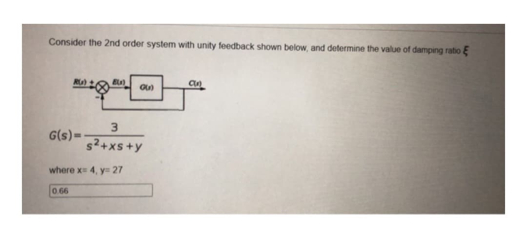 Consider the 2nd order system with unity feedback shown below, and determine the value of damping ratio
R(s) +
G(s)=-
E(s)
[
where x= 4, y = 27
0.66
G(₂)
3
s²2+xs+y
C(s)