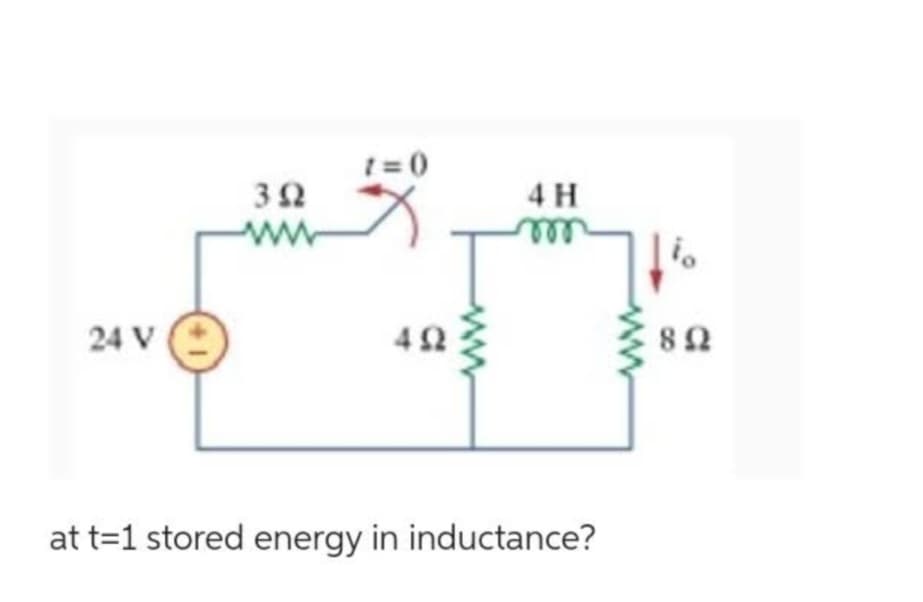 24 V (
3 Ω
1=0
4 Ω
4Η
at t=1 stored energy in inductance?
www
Το
8 Ω