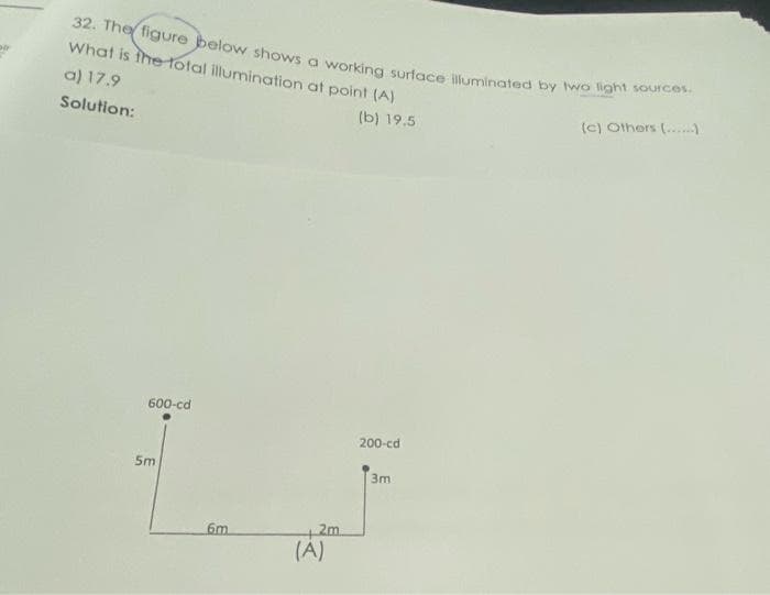 32. The figure below shows a working surface illuminated by two light sources.
What is the total illumination at point (A)
a) 17.9
(b) 19.5
Solution:
600-cd
5m
6m
2m
(A)
200-cd
3m
(c) Others (..)