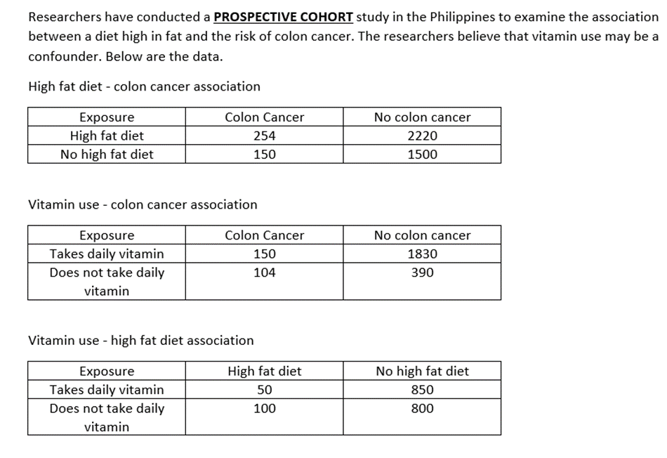 Researchers have conducted a PROSPECTIVE COHORT study in the Philippines to examine the association
between a diet high in fat and the risk of colon cancer. The researchers believe that vitamin use may be a
confounder. Below are the data.
High fat diet - colon cancer association
Exposure
High fat diet
No high fat diet
Colon Cancer
254
150
Vitamin use - colon cancer association
Exposure
Takes daily vitamin
Does not take daily
vitamin
Colon Cancer
150
104
Vitamin use - high fat diet association
Exposure
Takes daily vitamin
Does not take daily
vitamin
High fat diet
50
100
No colon cancer
2220
1500
No colon cancer
1830
390
No high fat diet
850
800