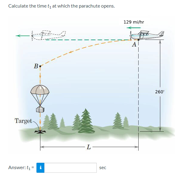 Calculate the time t₁ at which the parachute opens.
B
Target-
Answer: t₁ = i
L-
sec
129 mi/hr
Al
260'