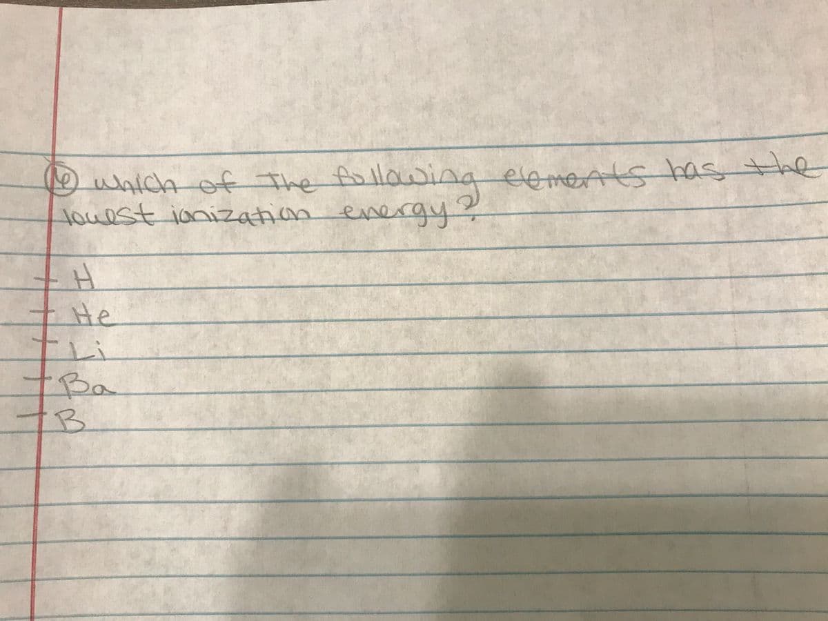 O which of The a elementstas the
which of The following eements has the
louest ianization everagy?
ene
tHe
TLi
Ba
B.
