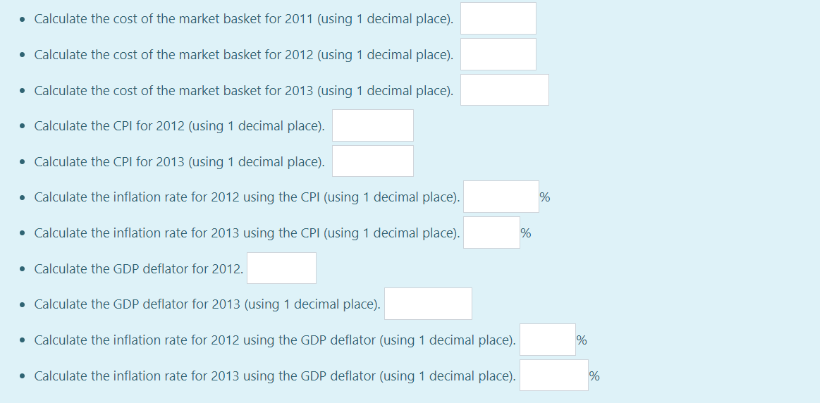 • Calculate the cost of the market basket for 2011 (using 1 decimal place).
• Calculate the cost of the market basket for 2012 (using 1 decimal place).
• Calculate the cost of the market basket for 2013 (using 1 decimal place).
• Calculate the CPI for 2012 (using 1 decimal place).
• Calculate the CPI for 2013 (using 1 decimal place).
• Calculate the inflation rate for 2012 using the CPI (using 1 decimal place).
• Calculate the inflation rate for 2013 using the CPI (using 1 decimal place).
• Calculate the GDP deflator for 2012.
• Calculate the GDP deflator for 2013 (using 1 decimal place).
• Calculate the inflation rate for 2012 using the GDP deflator (using 1 decimal place).
• Calculate the inflation rate for 2013 using the GDP deflator (using 1 decimal place).
%
%
%