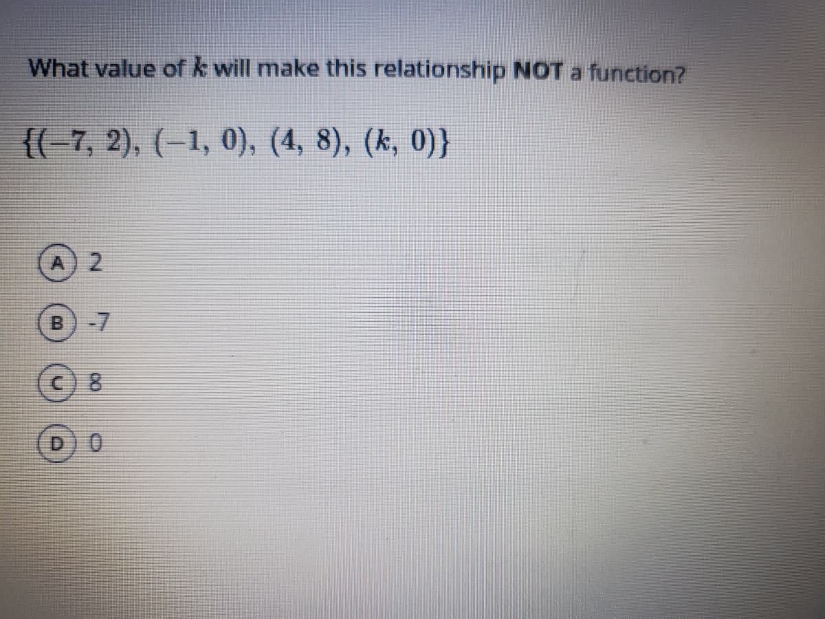 What value of k will make this relationship NOT a function?
{(-7, 2), (–1, 0), (4, 8), (k, 0)}
A) 2
B.
-7
8
0.
