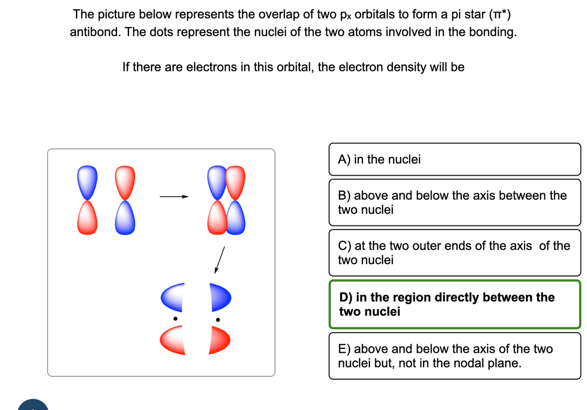 The picture below represents the overlap of two px orbitals to form a pi star (*)
antibond. The dots represent the nuclei of the two atoms involved in the bonding.
If there are electrons in this orbital, the electron density will be
88-88
A) in the nuclei
B) above and below the axis between the
two nuclei
C) at the two outer ends of the axis of the
two nuclei
D) in the region directly between the
two nuclei
E) above and below the axis of the two
nuclei but, not in the nodal plane.