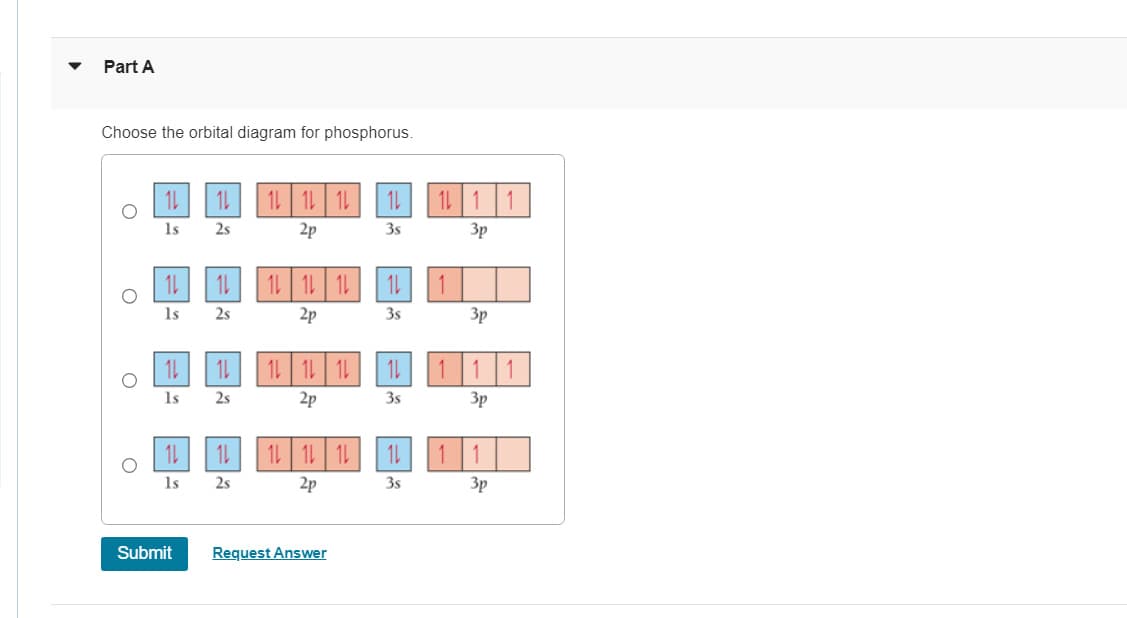 Part A
Choose the orbital diagram for phosphorus.
O
1s
11
1s
11
1s
2s
11
11
1s 2s
Submit
11
2s
14
2s
1L 1L 1L 1L
2p
3s
1L 1L 1L
2p
1L 1L 1L
2p
1L 1L 1L
2p
Request Answer
1L
3s
11
3s
11
3s
1
3p
3p
3p
3p