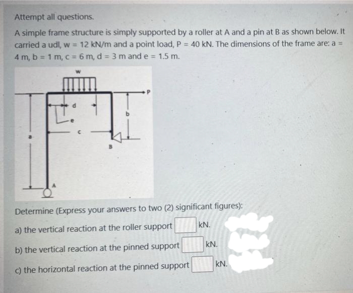 Attempt all questions.
A simple frame structure is simply supported by a roller at A and a pin at B as shown below. It
carried a udl, w = 12 kN/m and a point load, P = 40 kN. The dimensions of the frame are: a =
4 m, b = 1 m, c = 6 m, d = 3 m and e = 1.5 m.
Determine (Express your answers to two (2) significant figures):
a) the vertical reaction at the roller support
KN.
b) the vertical reaction at the pinned support
c) the horizontal reaction at the pinned support
KN.
FER
kN.