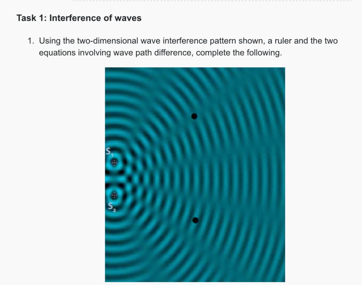 Task 1: Interference of waves
1. Using the two-dimensional wave interference pattern shown, a ruler and the two
equations involving wave path difference, complete the following.
S