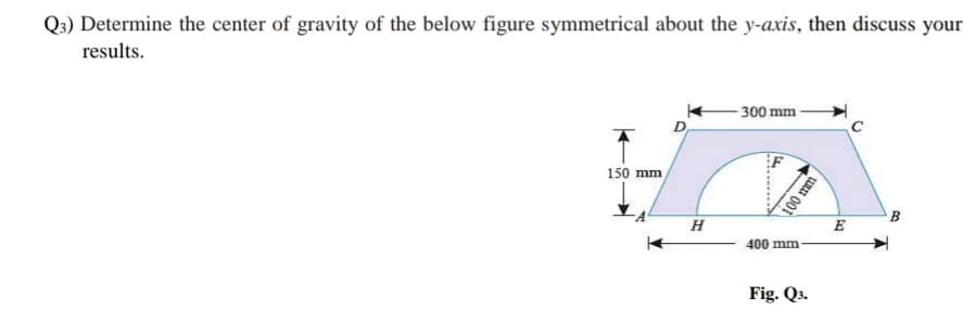 Q3) Determine the center of gravity of the below figure symmetrical about the y-axis, then discuss your
results.
- 300 mm
150 mm
B
H
E
400 mm
Fig. Q3.
uau 00t
