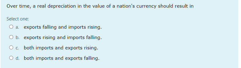 Over time, a real depreciation in the value of a nation's currency should result in
Select one:
O a. exports falling and imports rising.
O b. exports rising and imports falling.
O. both imports and exports rising.
O d. both imports and exports falling.
